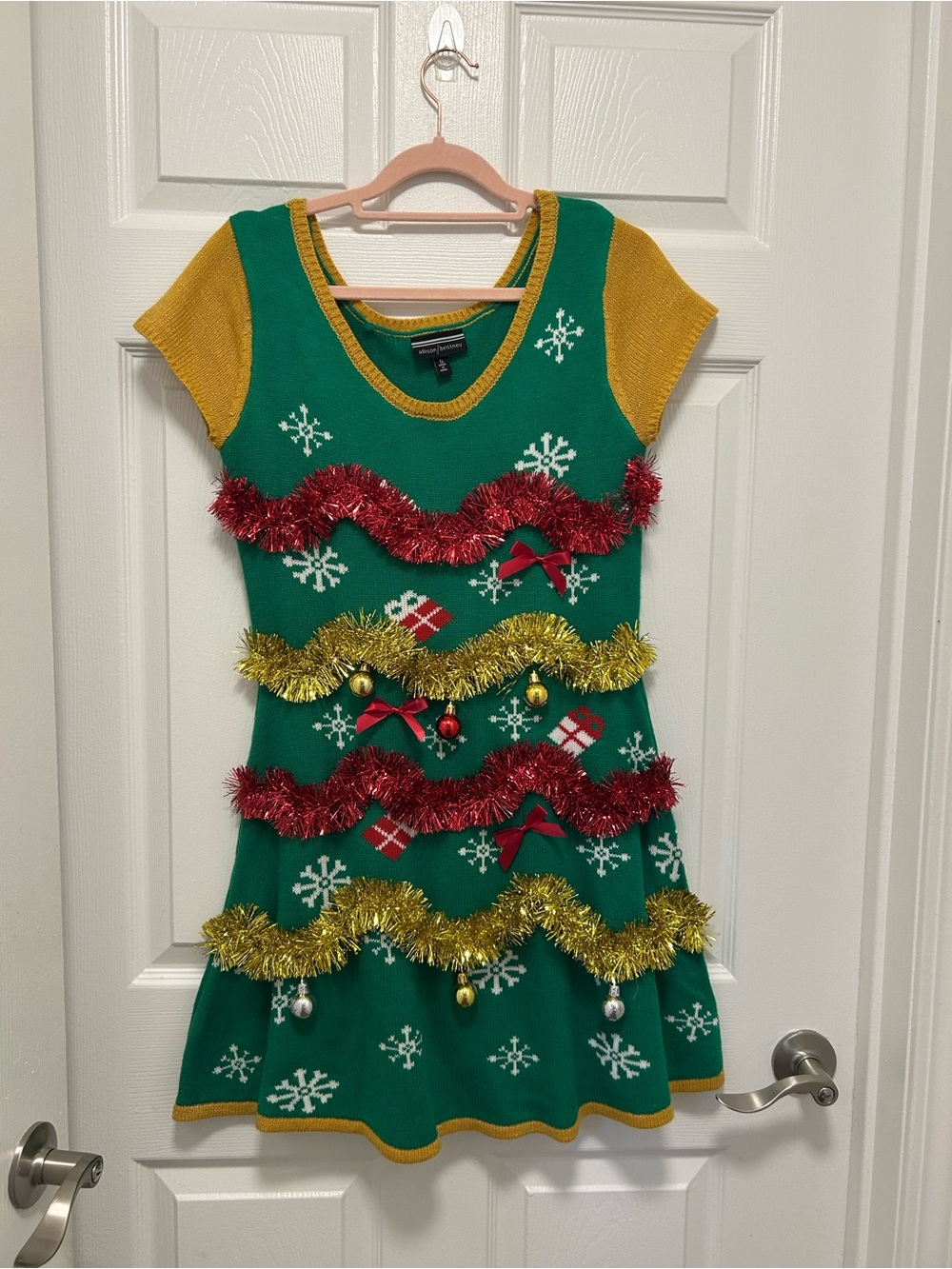 Allison Brittney Green Holiday Tinsel Christmas Dress with Mustard Sleeves